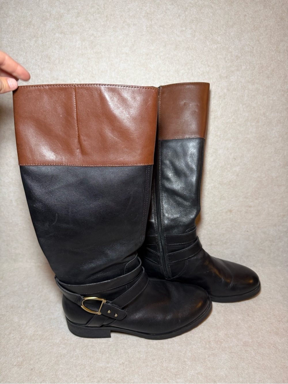 Bandolino BDTESSI Two Tone High Leather Boots Black Cognac Brown Size 8M